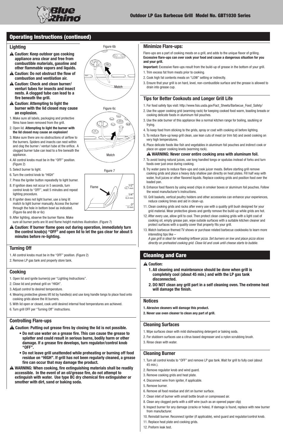 Cleaning and care, Operating instructions (continued) | Blue Rhino GBT1030 User Manual | Page 8 / 12