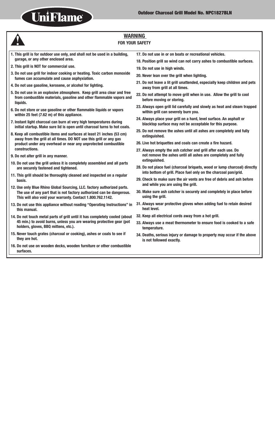Warning | Blue Rhino NPC1827BLN User Manual | Page 2 / 12