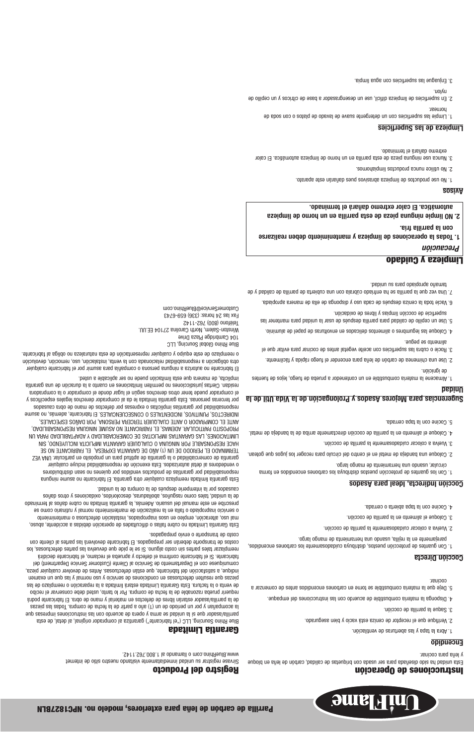 Instrucciones de operación, Limpieza y cuidado, Registro del producto | Garantia limitada, Precaución | Blue Rhino NPC1827BLN User Manual | Page 7 / 12