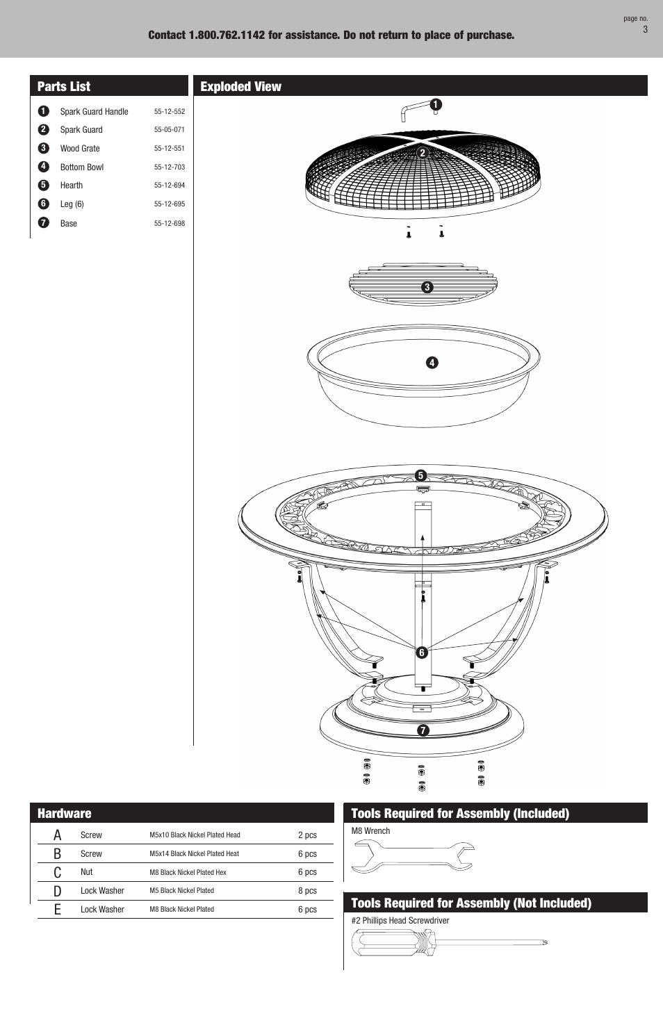 Parts list, Hardware, Tools required for assembly (included) | Tools required for assembly (not included), Exploded view | Blue Rhino WAD840SP User Manual | Page 3 / 8