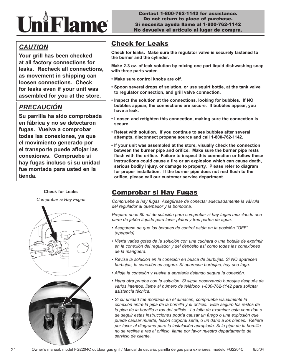 Caution, Comprobar si hay fugas, Precaución | Blue Rhino FG2204C User Manual | Page 22 / 40