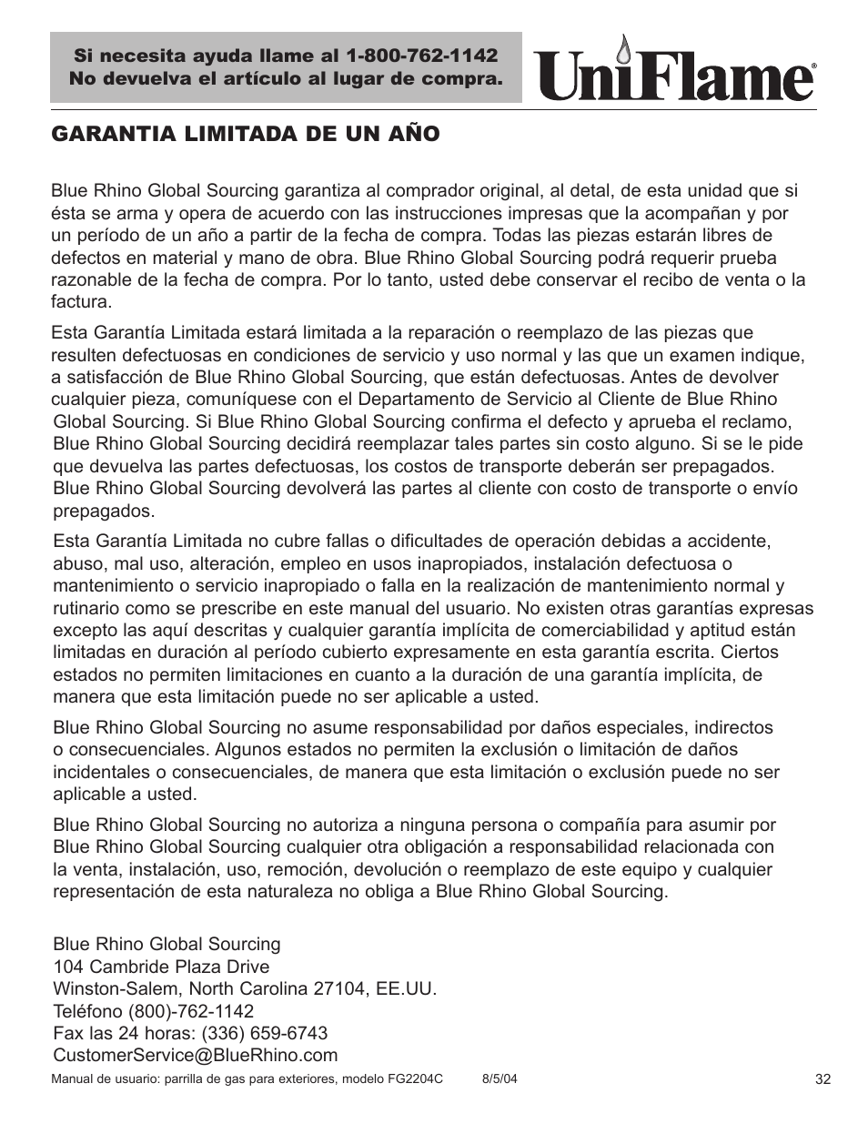 Garantia limitada de un año | Blue Rhino FG2204C User Manual | Page 33 / 40