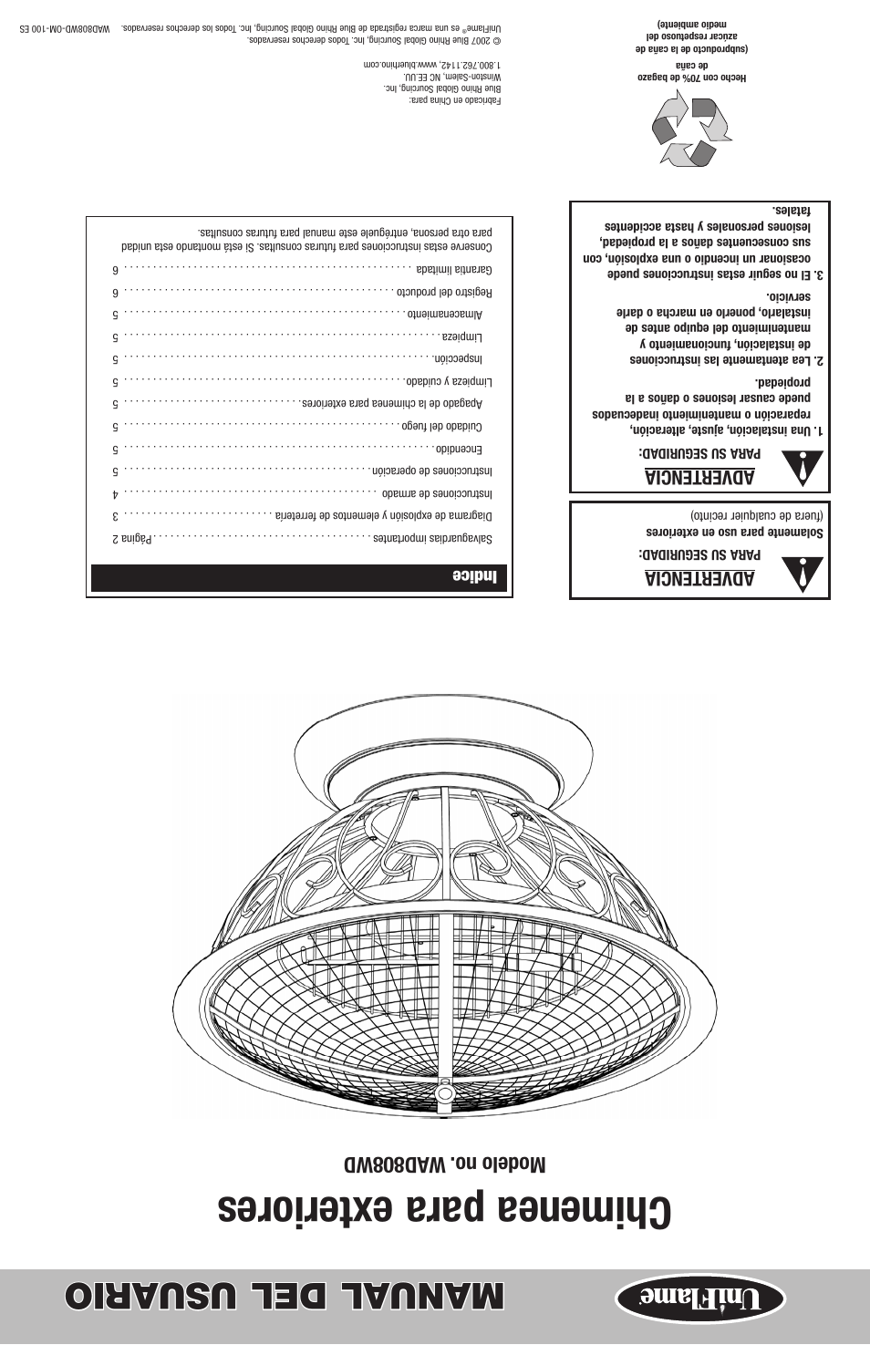 Chimenea para exteriores, Manual del usuario, Modelo no. w ad808wd | Advertencia, Indice | Blue Rhino WAD808WD User Manual | Page 12 / 12