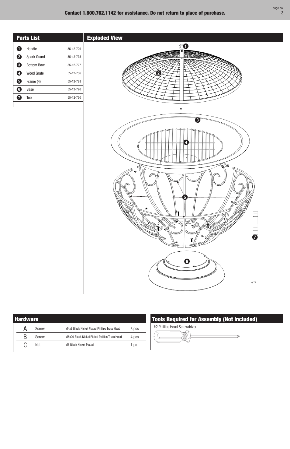 Parts list, Exploded view, Hardware | Tools required for assembly (not included) | Blue Rhino WAD808WD User Manual | Page 3 / 12