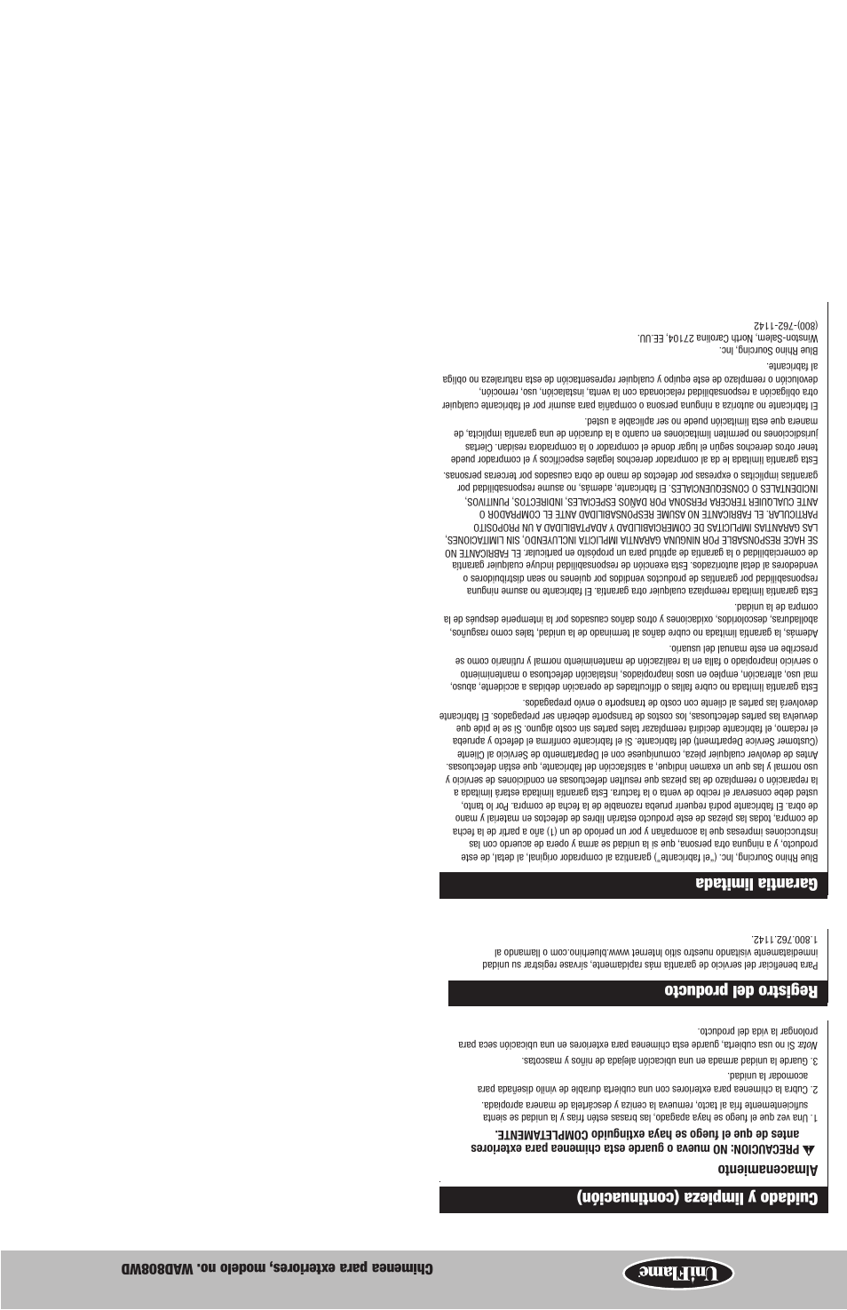 Registro del producto, Garantia limitada, Cuidado y limpieza (continuación) | Blue Rhino WAD808WD User Manual | Page 7 / 12