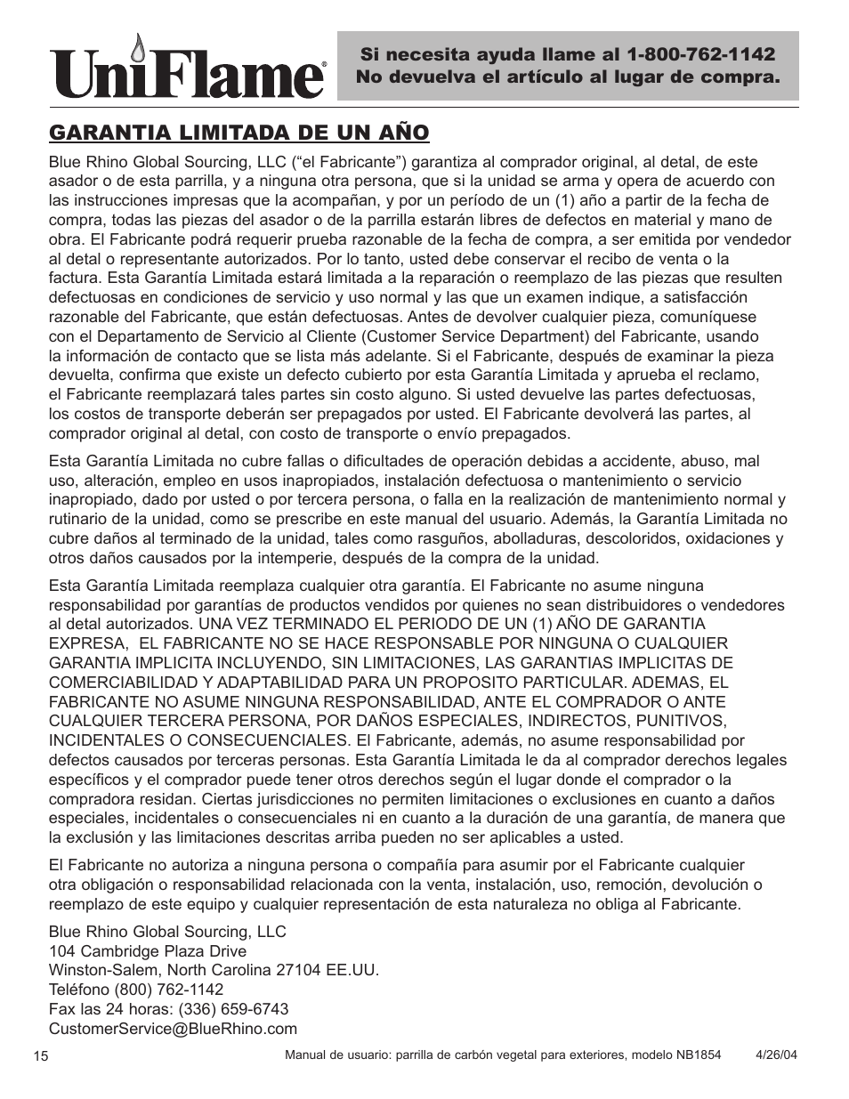 Garantia limitada de un año | Blue Rhino NB1854 User Manual | Page 16 / 24