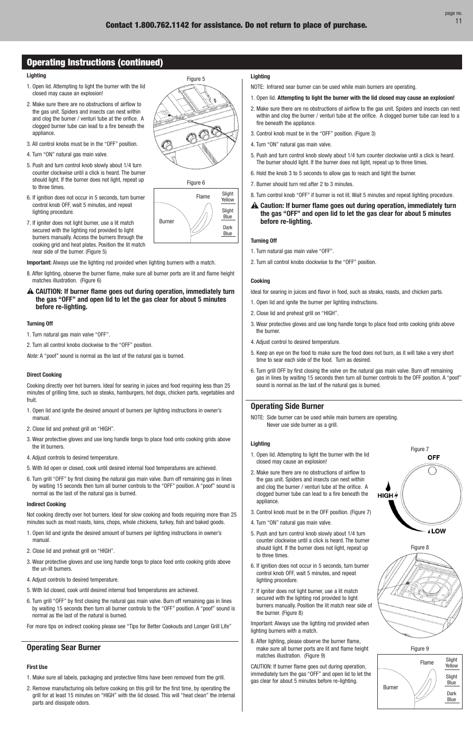 Operating instructions (continued), Operating side burner, Operating sear burner | Blue Rhino Outdoor Natural Gas Barbecue Grill GBC873WNG User Manual | Page 11 / 32