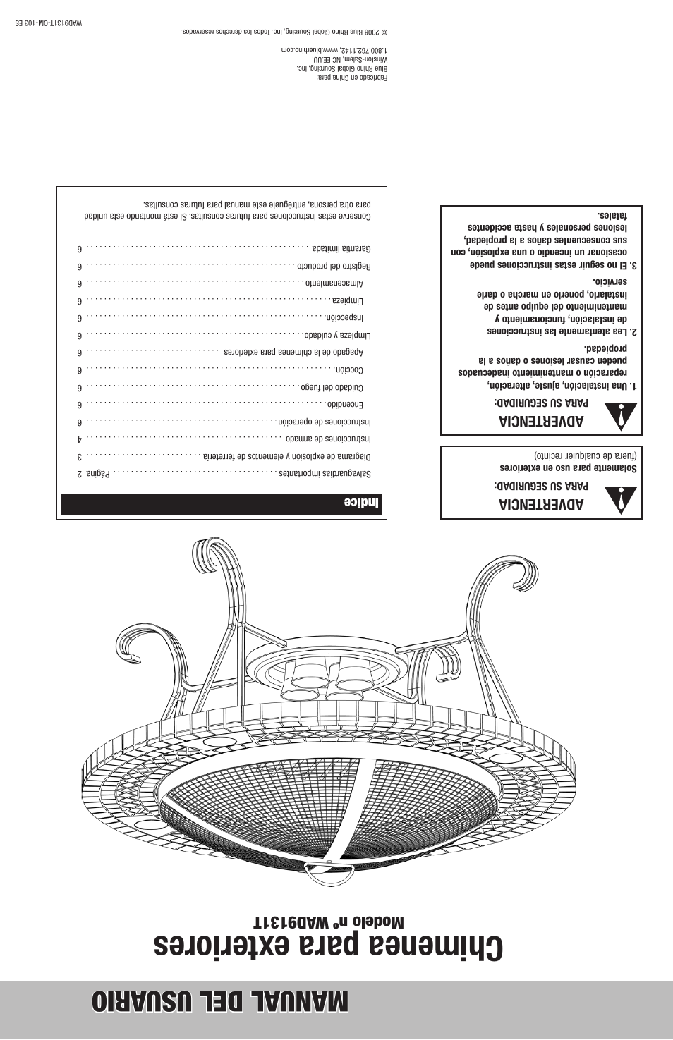 Chimenea para exteriores, Manual del usu ario, Modelo nº wad9131t | Advertencia, Indice | Blue Rhino WAD9131T User Manual | Page 12 / 12