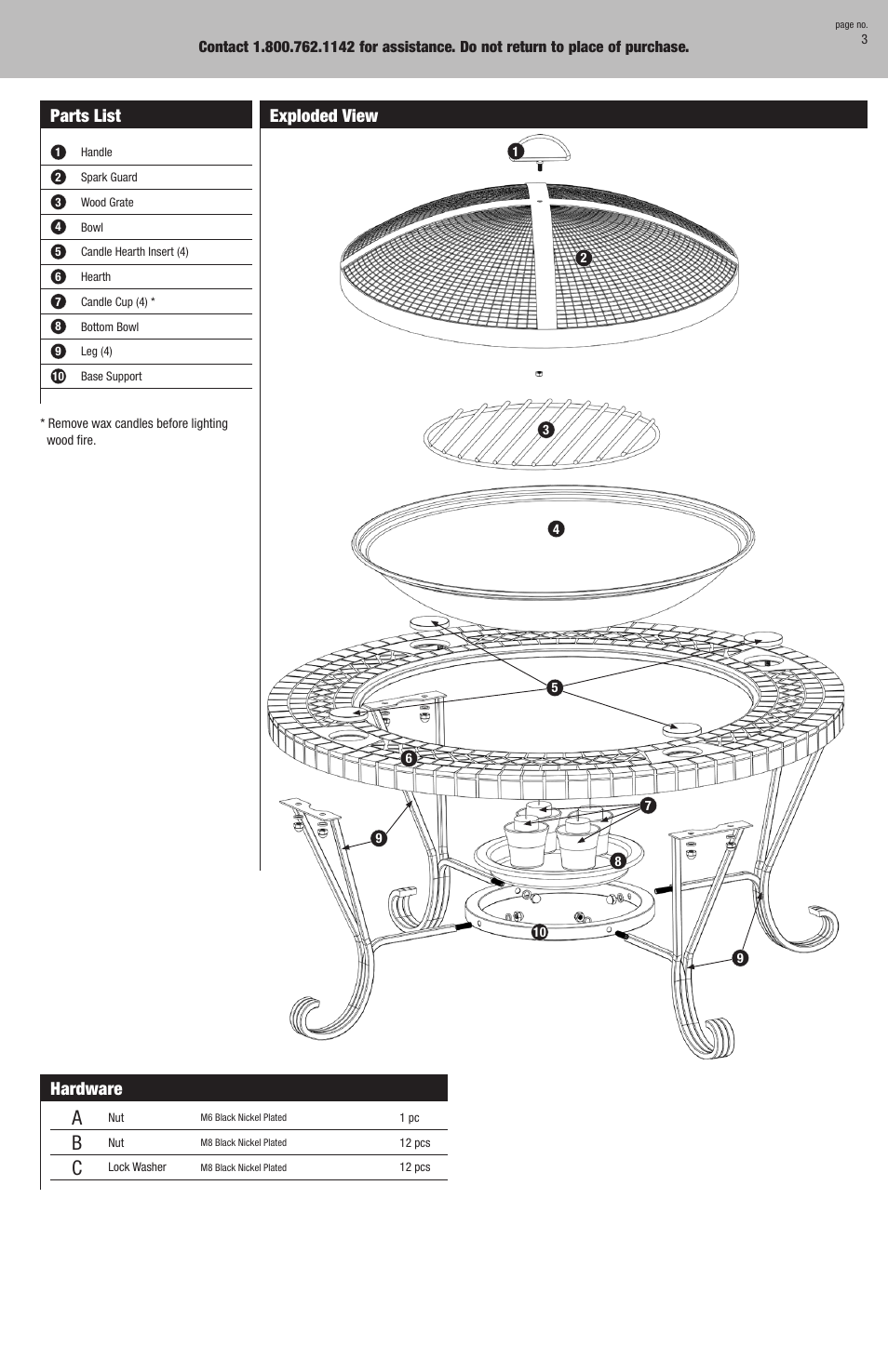 Parts list, Hardware, Exploded view | Blue Rhino WAD9131T User Manual | Page 3 / 12