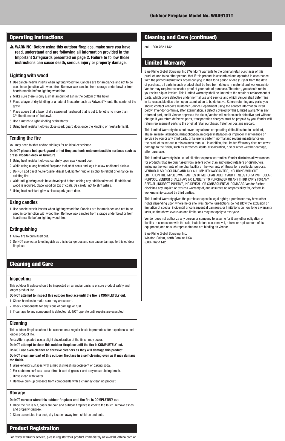 Cleaning and care, Product registration, Limited warranty | Blue Rhino WAD9131T User Manual | Page 6 / 12