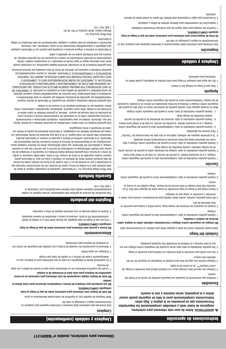 Instrucciones de operación, Limpieza y cuidado, Registro del producto | Garantía limitada, Limpieza y cuidado (continuación) | Blue Rhino WAD9131T User Manual | Page 7 / 12