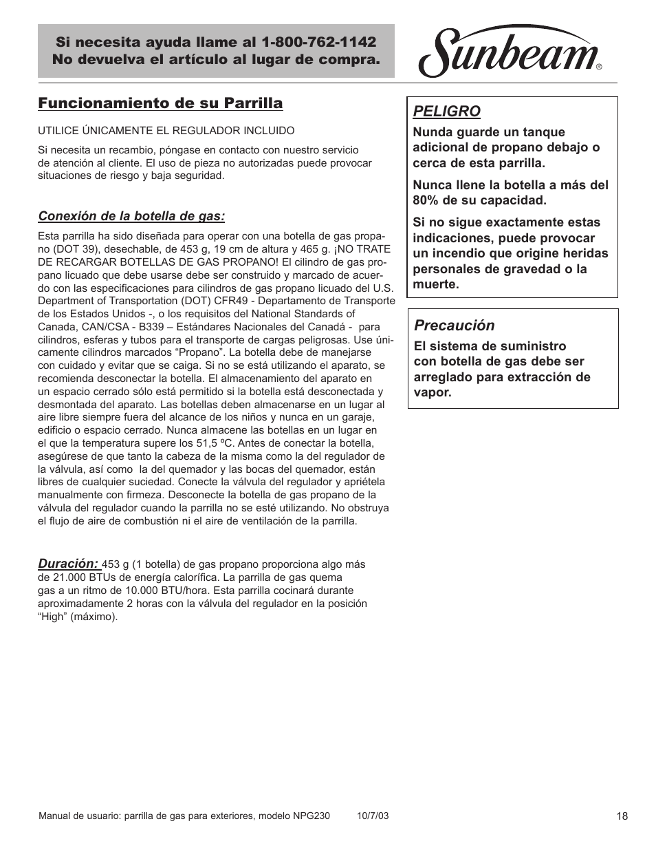 Funcionamiento de su parrilla, Precaución, Peligro | Blue Rhino NPG230 User Manual | Page 19 / 36