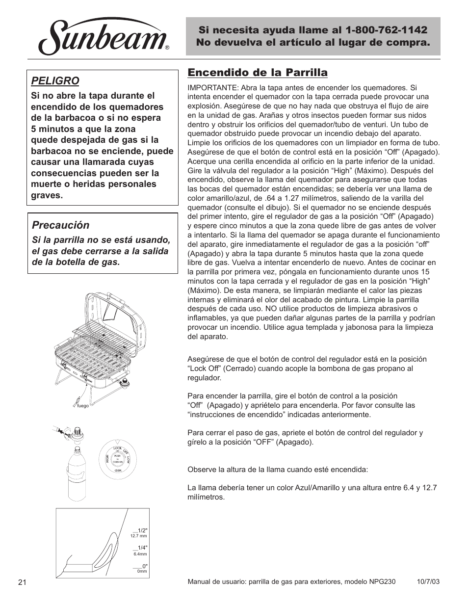 Peligro, Encendido de la parrilla, Precaución | Blue Rhino NPG230 User Manual | Page 22 / 36