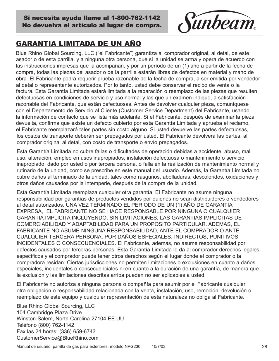 Garantia limitada de un año | Blue Rhino NPG230 User Manual | Page 29 / 36