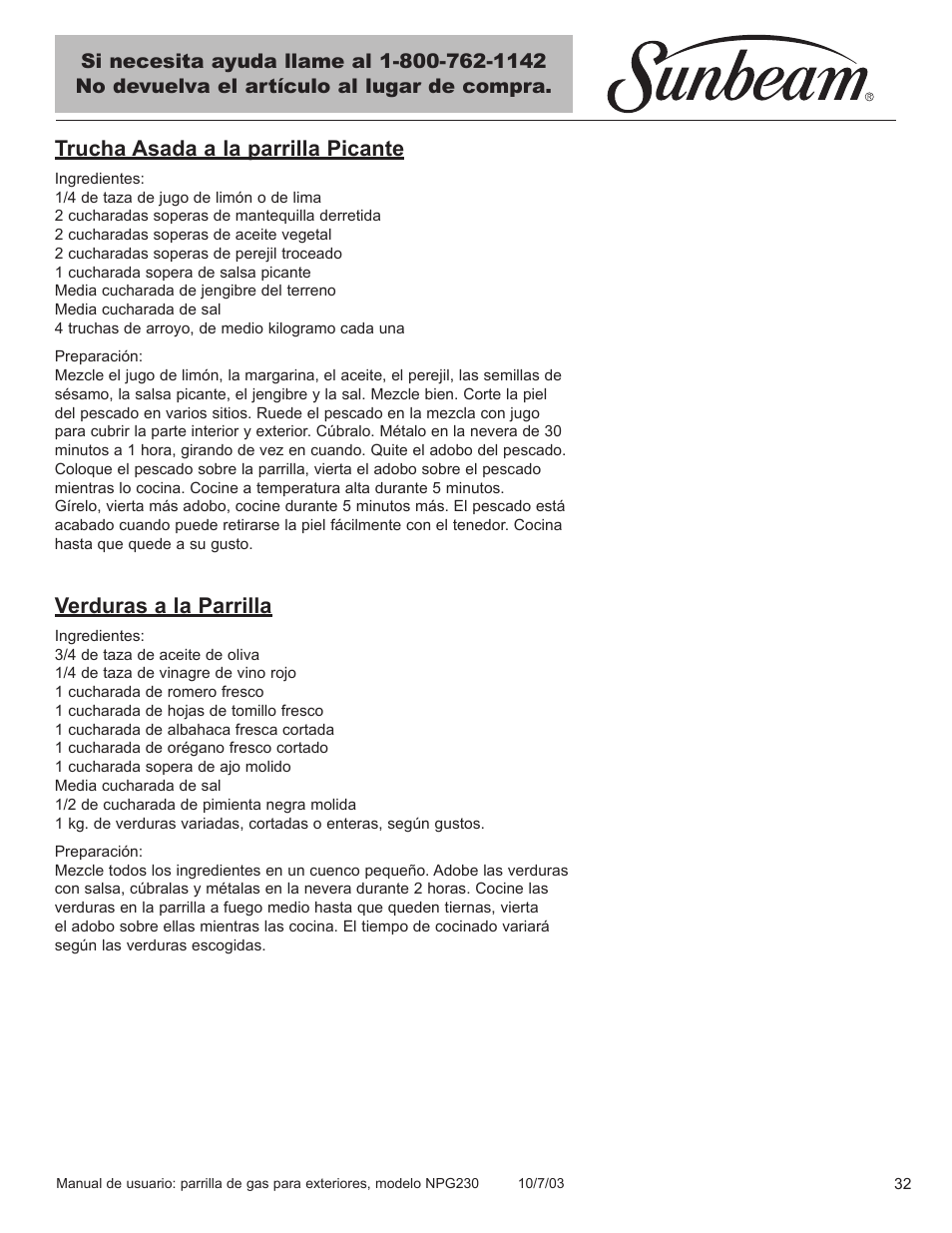 Trucha asada a la parrilla picante, Verduras a la parrilla | Blue Rhino NPG230 User Manual | Page 33 / 36