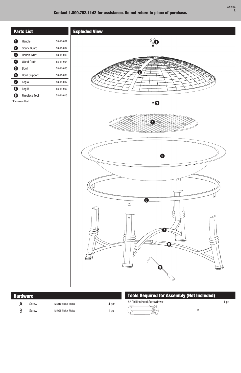 Parts list, Hardware, Exploded view | Tools required for assembly (not included) | Blue Rhino WAD1091W User Manual | Page 3 / 12