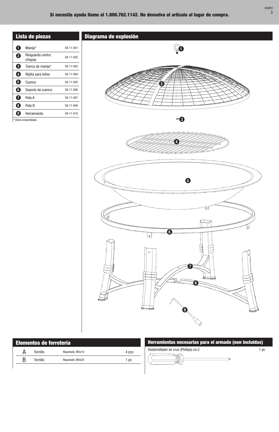 Lista de piezas, Elementos de ferretería, Diagrama de explosión | Blue Rhino WAD1091W User Manual | Page 9 / 12