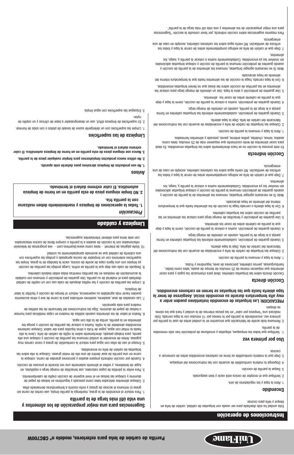 Limpieza y cuidado, Instrucciones de operación, Precaución | Avisos, Limpieza de las superficies, Encendido, Uso por primera vez, Cocción directa, Cocción indirecta | Blue Rhino CBC700W User Manual | Page 11 / 16