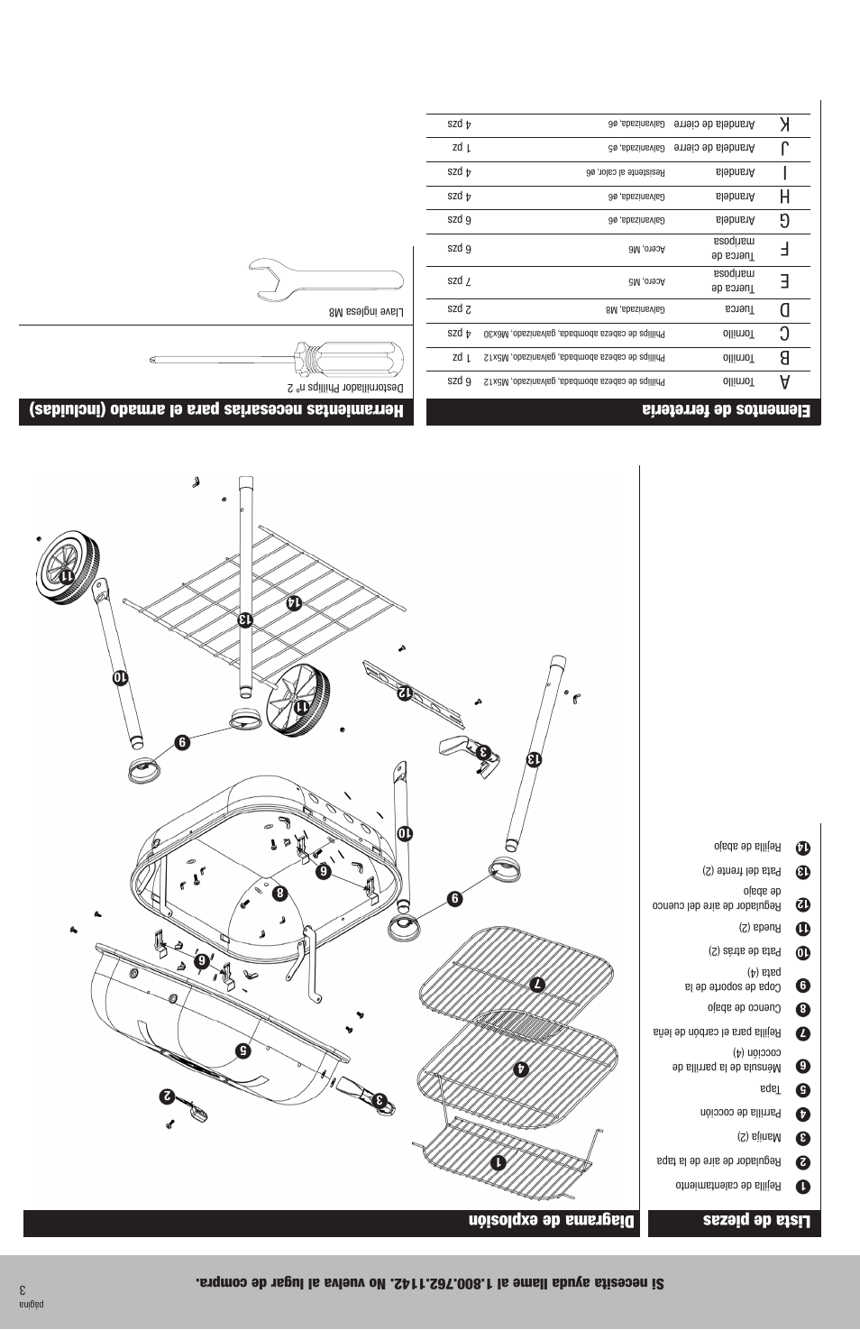 Herramientas necesarias para el armado (incluidas), Lista de piezas, Diagrama de explosión | Elementos de ferretería | Blue Rhino CBC700W User Manual | Page 14 / 16