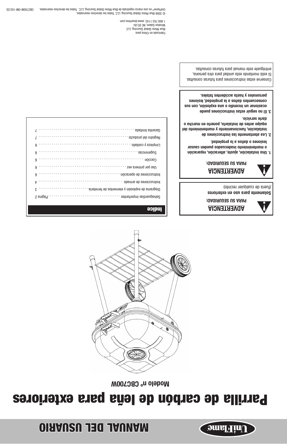 Parrilla de carbón de leña para exteriores, Manual del usu ario, Modelo nº cbc700w | Advertencia, Indice | Blue Rhino CBC700W User Manual | Page 16 / 16