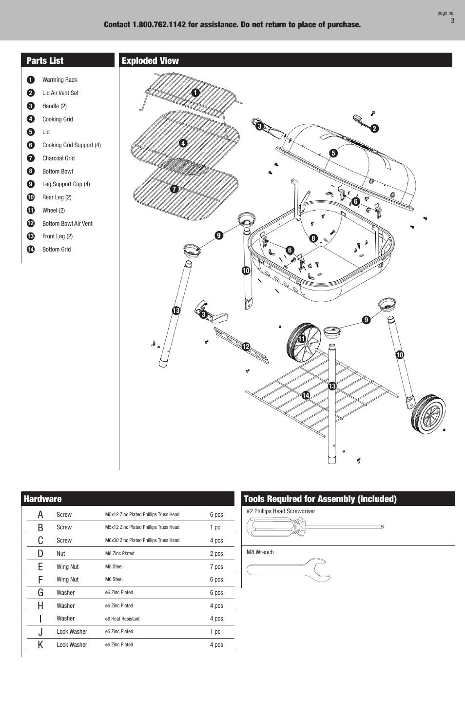 Tools required for assembly (included), Parts list, Exploded view | Hardware | Blue Rhino CBC700W User Manual | Page 3 / 16