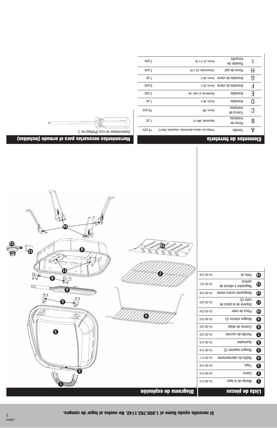 Elementos de ferretería, Lista de piezas, Diagrama de explosión | Herramientas necesarias para el armado (incluidas) | Blue Rhino gbt806t User Manual | Page 14 / 16