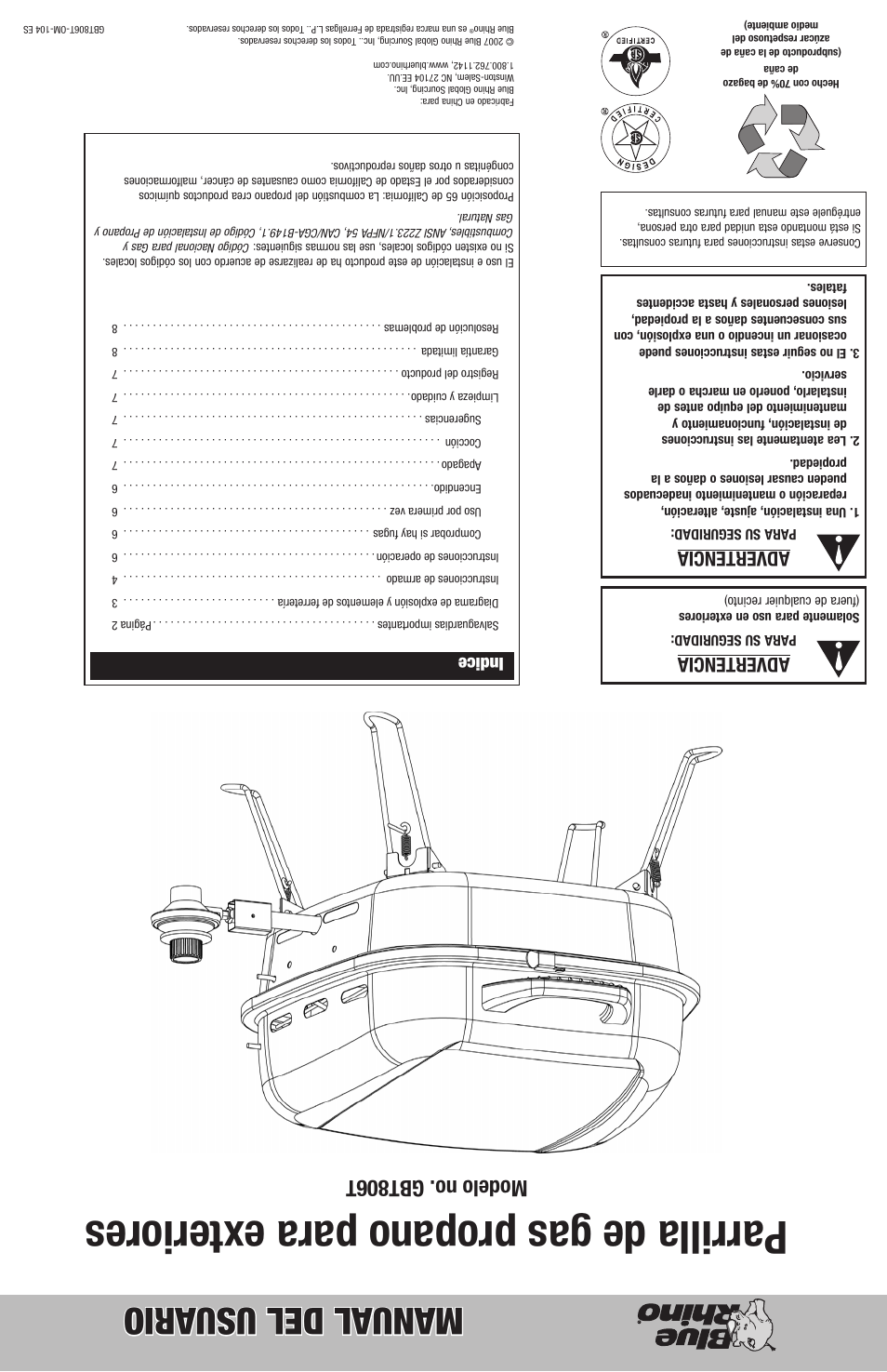 Parrilla de gas propano para exteriores, Manual del usuario, Modelo no. gbt806t | Advertencia, Indice | Blue Rhino gbt806t User Manual | Page 16 / 16