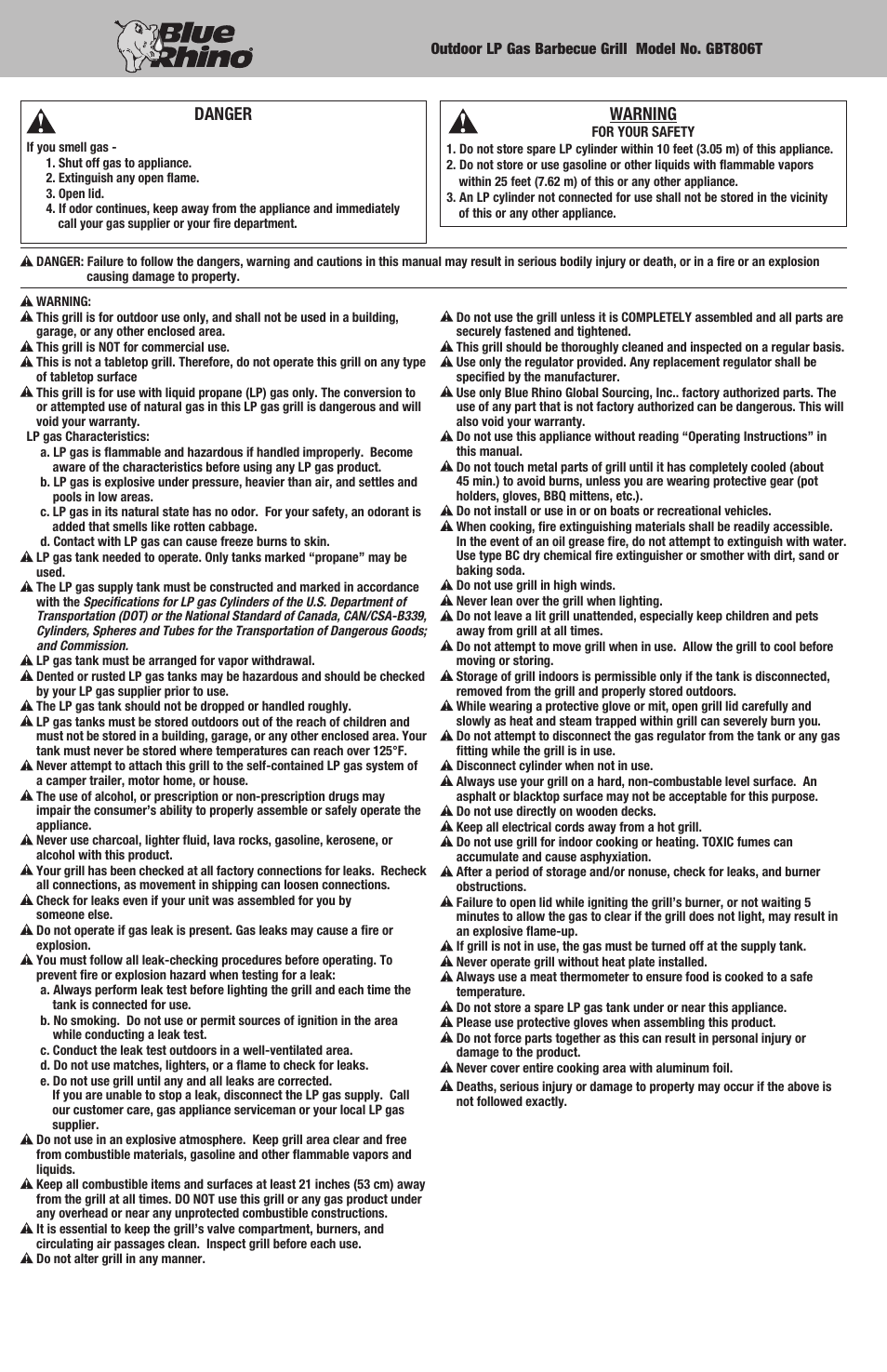 Danger, Warning | Blue Rhino gbt806t User Manual | Page 2 / 16