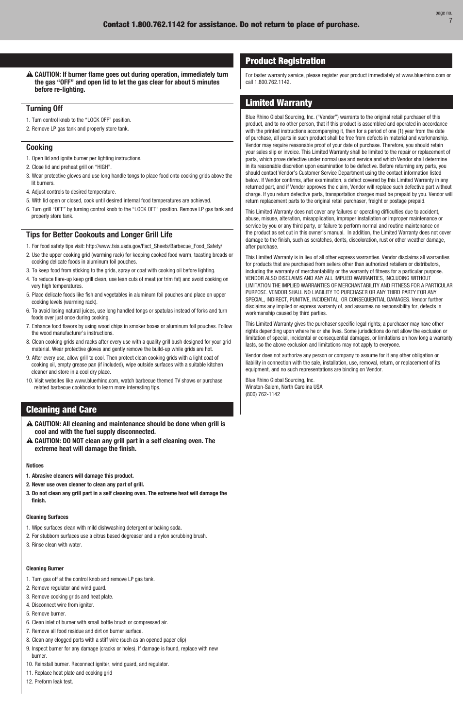 Cleaning and care, Operating instructions, Product registration | Limited warranty | Blue Rhino gbt806t User Manual | Page 7 / 16