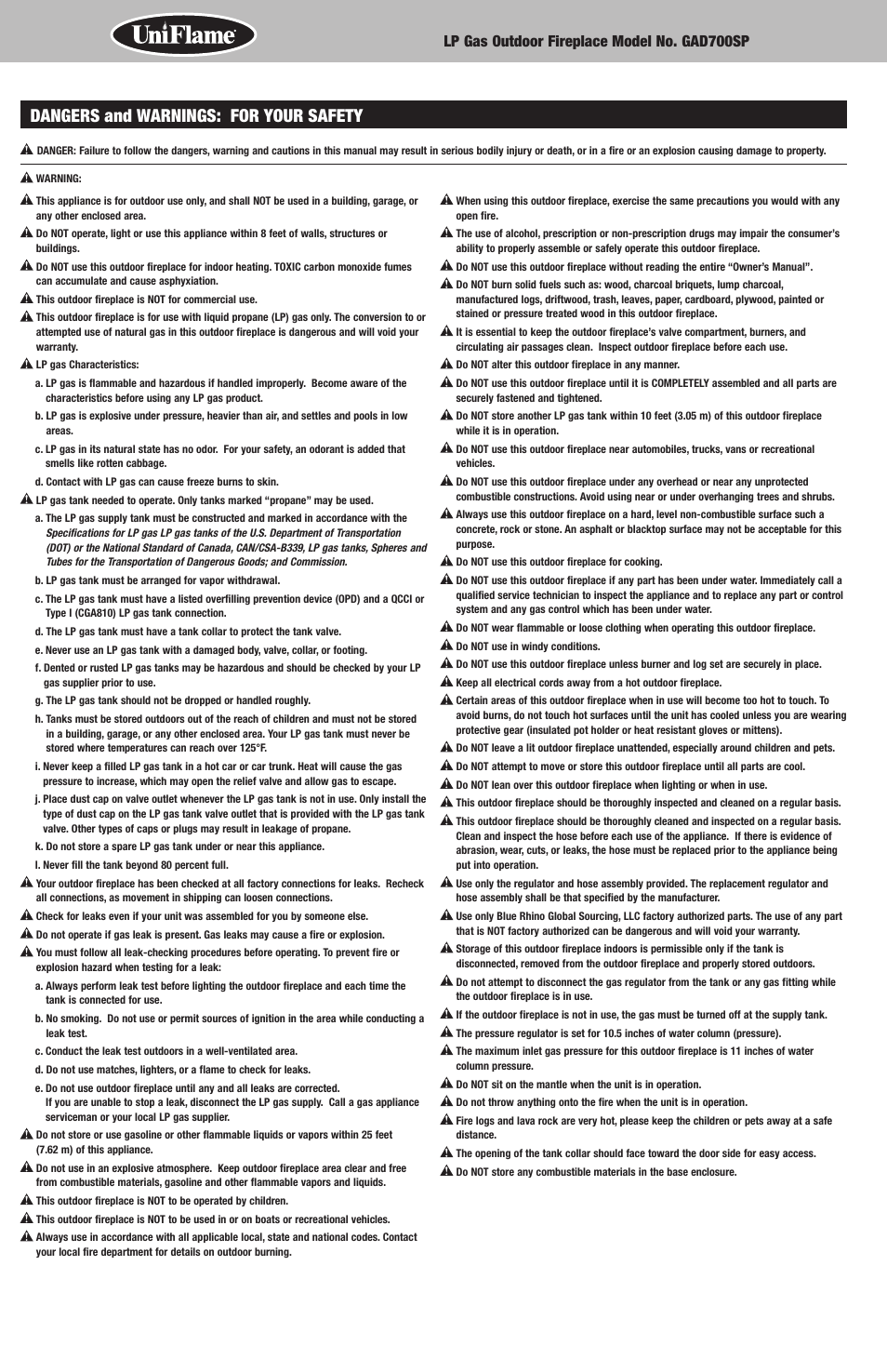 Dangers and warnings: for your safety | Blue Rhino GAD700SP User Manual | Page 2 / 12