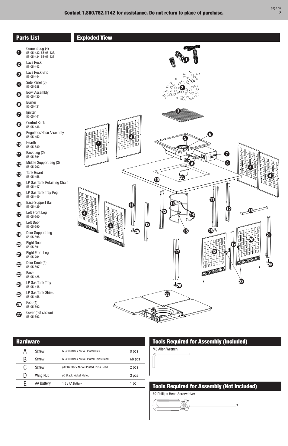 Tools required for assembly (included), Tools required for assembly (not included), Parts list | Exploded view, Hardware | Blue Rhino GAD700SP User Manual | Page 3 / 12