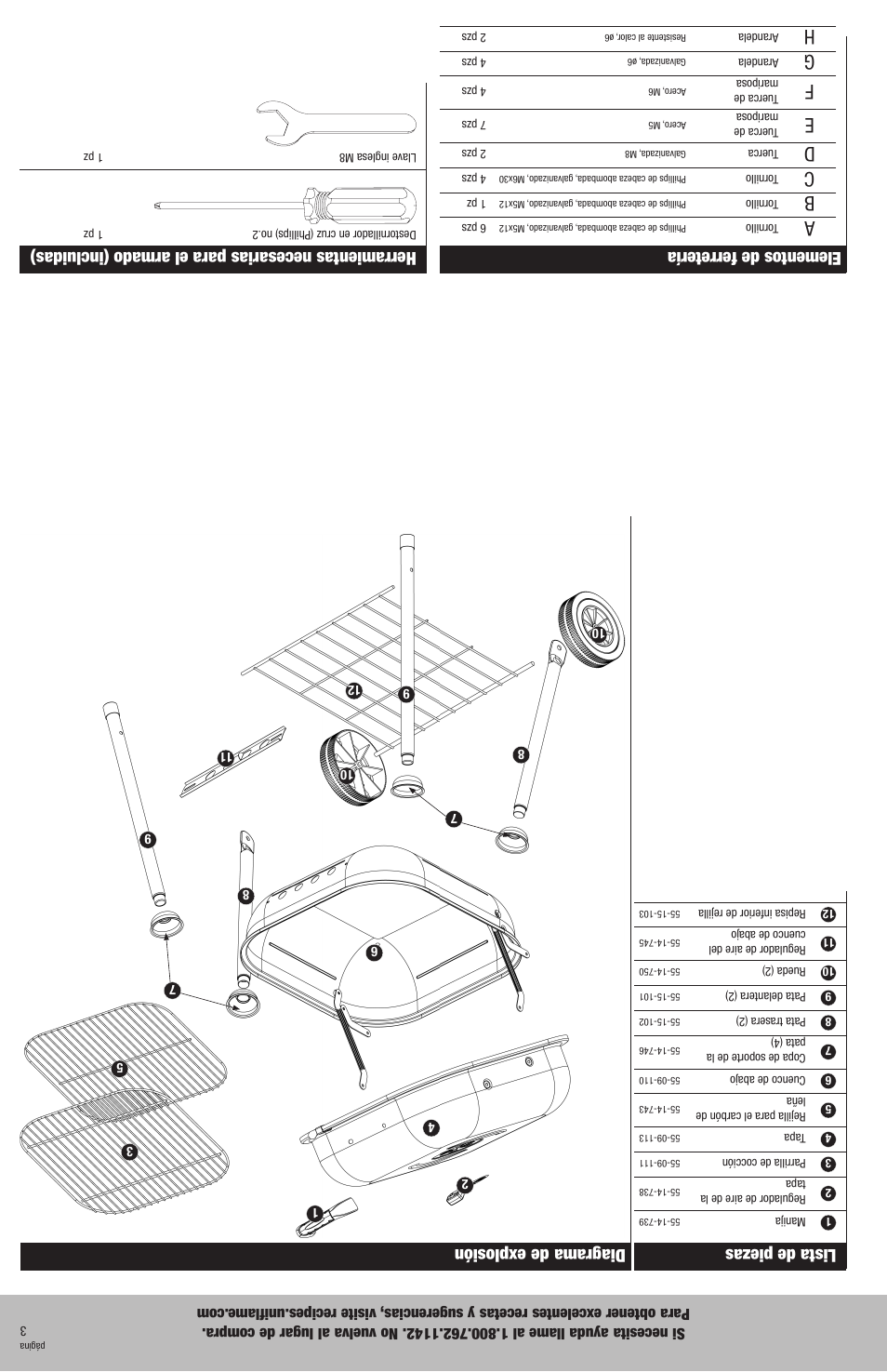 Lista de piezas, Diagrama de explosión, Elementos de ferretería | Herramientas necesarias para el armado (incluidas) | Blue Rhino CBC900W User Manual | Page 14 / 16