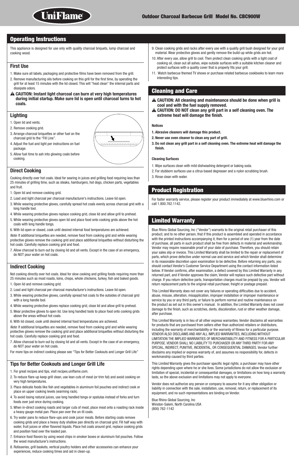 Cleaning and care, Product registration, Limited warranty | Operating instructions | Blue Rhino CBC900W User Manual | Page 6 / 16