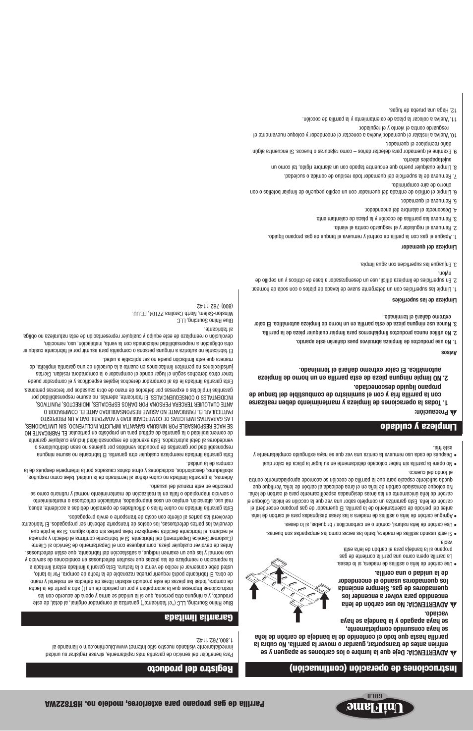 Limpieza y cuidado, Registro del producto, Garantia limitada | Instrucciones de operación (continuación) | Blue Rhino HBT822WA User Manual | Page 13 / 20
