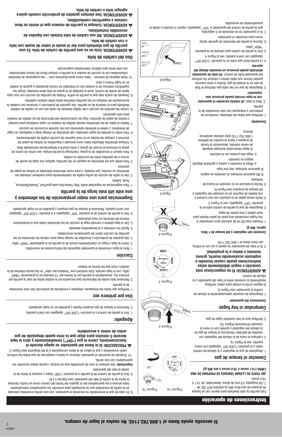 Instrucciones de operación, Conectar el tanque de gas, Comprobar si hay fugas | Apagado, Uso por primera vez, Cocción, Uso del carbón de leña | Blue Rhino HBT822WA User Manual | Page 14 / 20