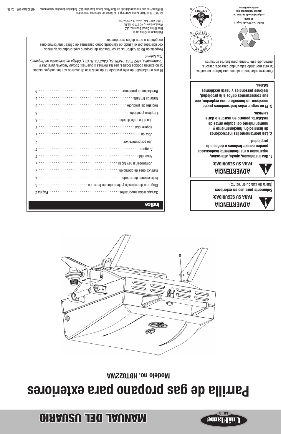 Parrilla de gas propano para e xteriores, Manual del usu ario, Modelo no. hbt822w a | Advertencia, Indice | Blue Rhino HBT822WA User Manual | Page 20 / 20