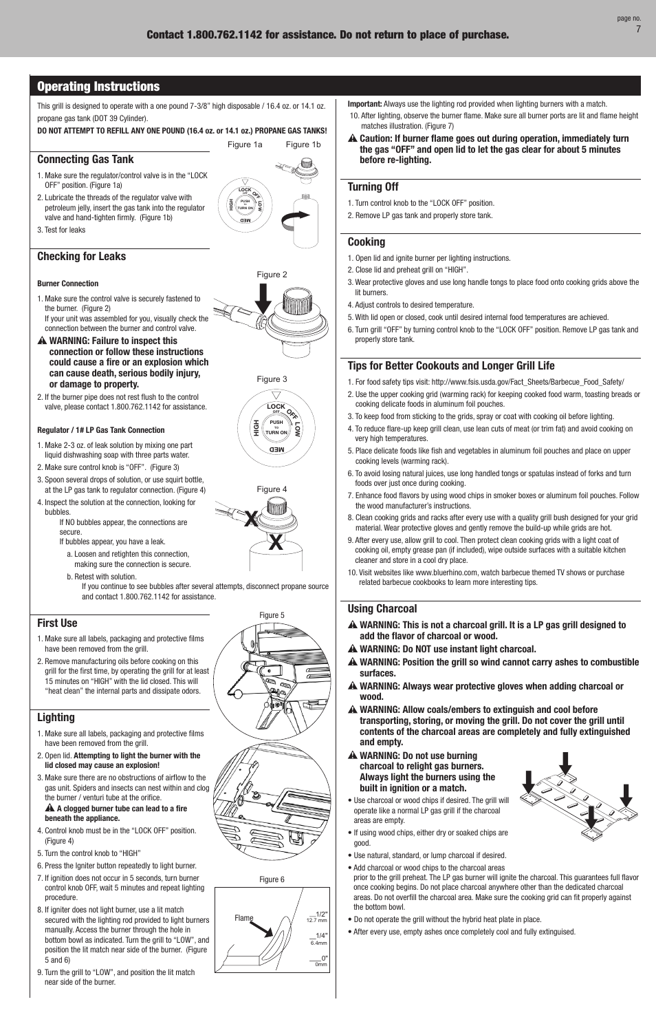 Operating instructions, Turning off, Cooking | Tips for better cookouts and longer grill life, Using charcoal, Connecting gas tank, Checking for leaks, First use, Lighting | Blue Rhino HBT822WA User Manual | Page 7 / 20