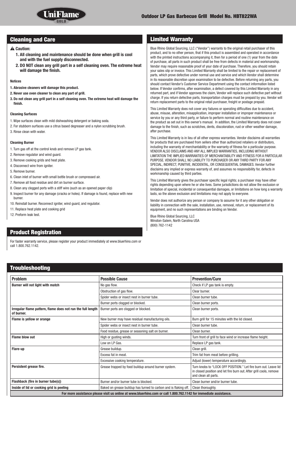 Troubleshooting, Limited warranty, Cleaning and care | Product registration | Blue Rhino HBT822WA User Manual | Page 8 / 20