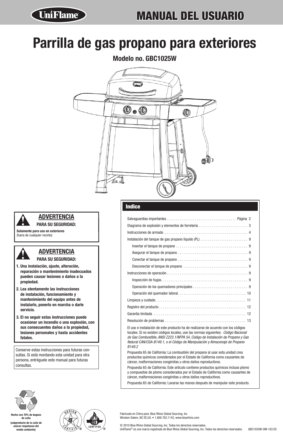 Parrilla de gas propano para exteriores, Manual del usuario, Modelo no. gbc1025w | Advertencia, Indice | Blue Rhino GBC1025W User Manual | Page 15 / 28