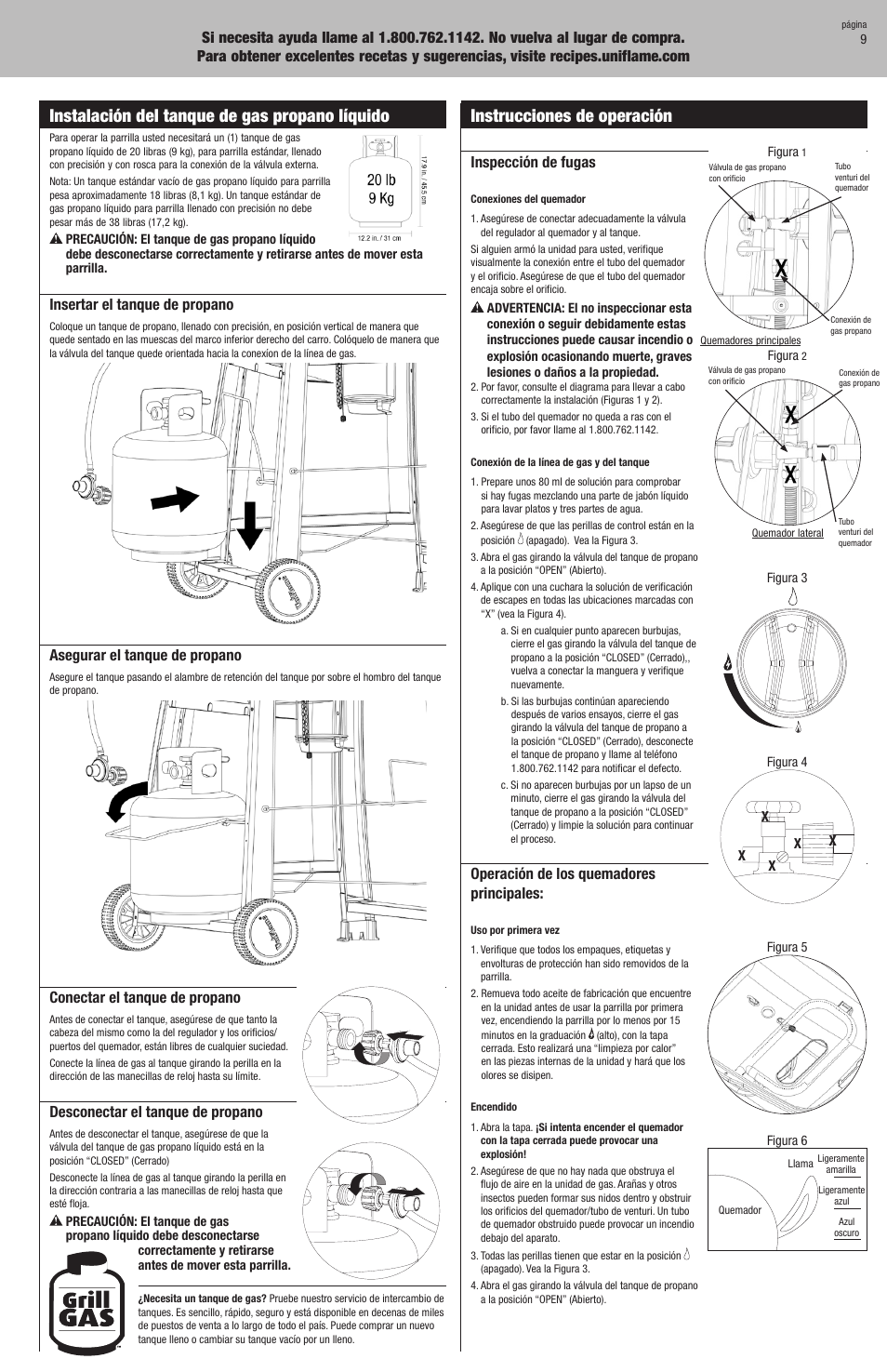 Instalación del tanque de gas propano líquido, Instrucciones de operación | Blue Rhino GBC1025W User Manual | Page 23 / 28