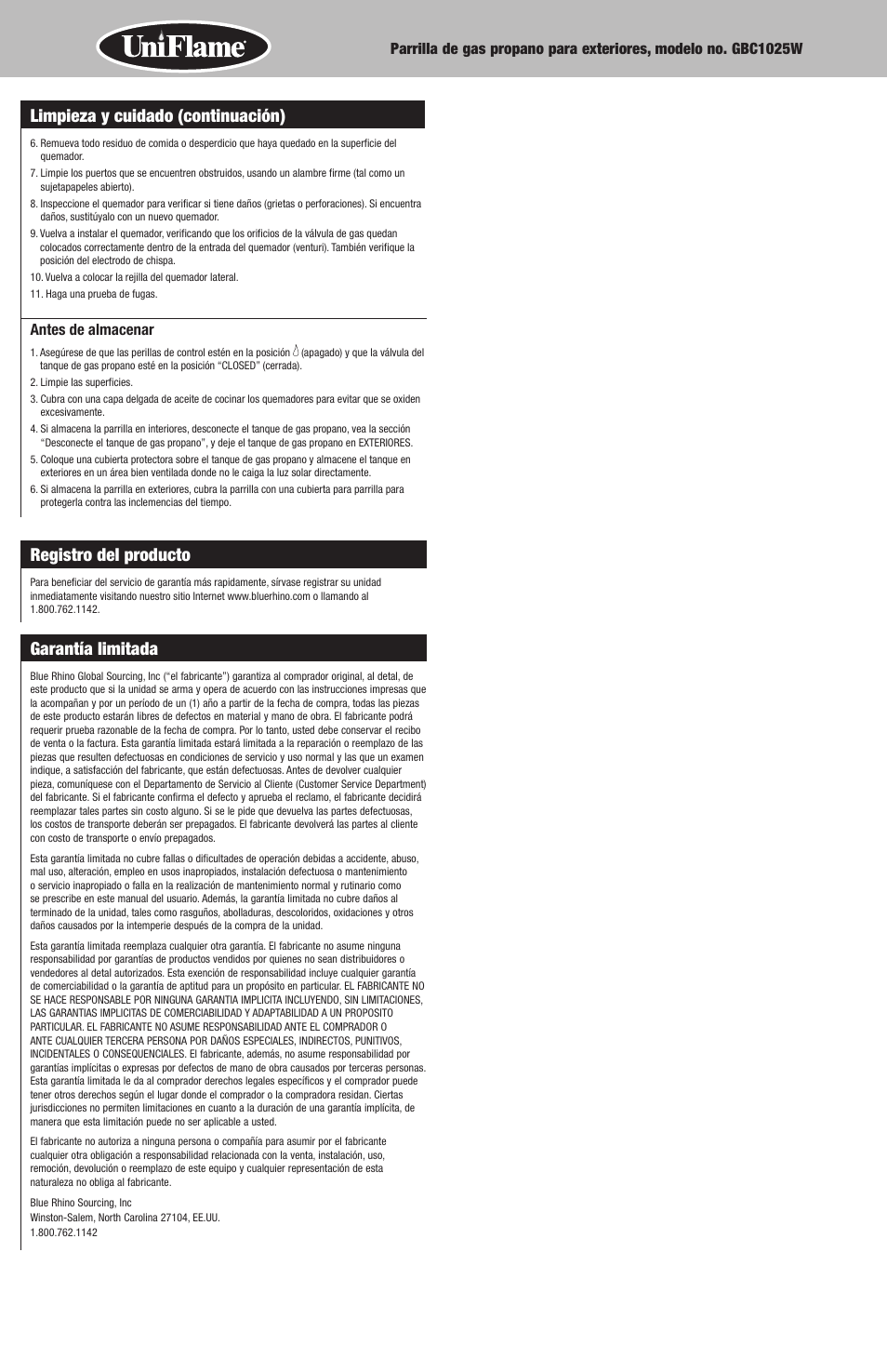 Registro del producto, Garantía limitada, Limpieza y cuidado (continuación) | Blue Rhino GBC1025W User Manual | Page 26 / 28