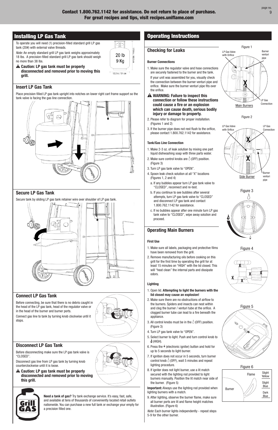 Installing lp gas tank, Operating instructions | Blue Rhino GBC1025W User Manual | Page 9 / 28