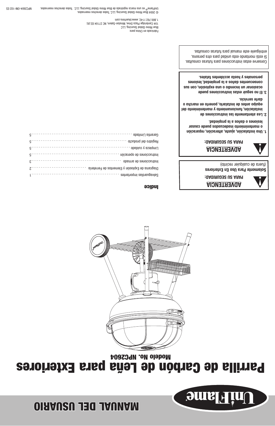 Parrilla de carbón de leña para exteriores, Manual del usu ario, Modelo no. npc2604 | Advertencia, Indice | Blue Rhino NPC2604 User Manual | Page 12 / 12