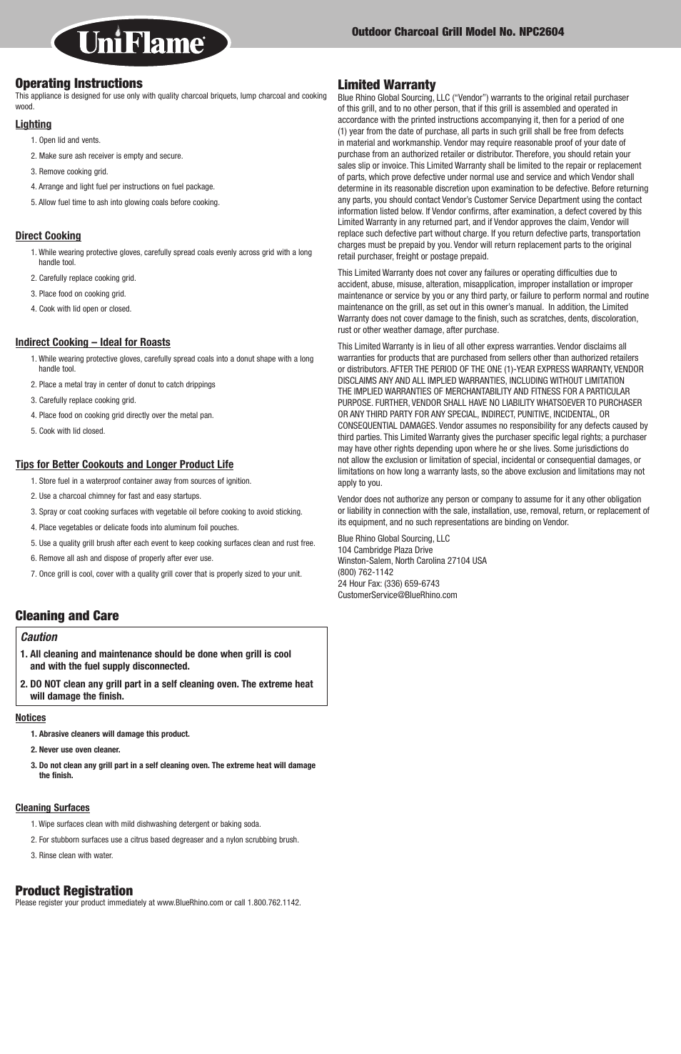 Operating instructions, Cleaning and care, Product registration | Limited warranty | Blue Rhino NPC2604 User Manual | Page 6 / 12