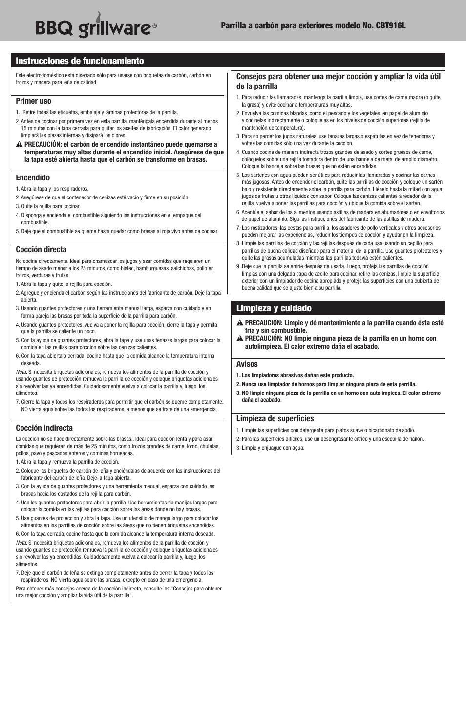 Instrucciones de funcionamiento, Limpieza y cuidado | Blue Rhino CBT916L User Manual | Page 12 / 16