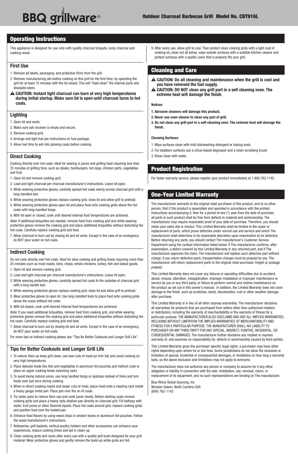 Operating instructions, Cleaning and care, Product registration | One-year limited warranty | Blue Rhino CBT916L User Manual | Page 6 / 16