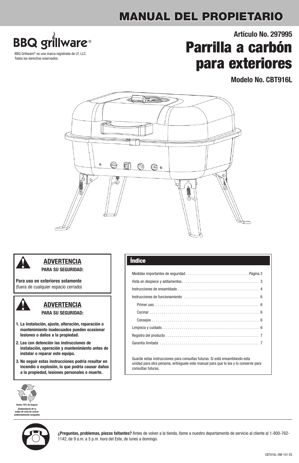 Parrilla a carbón para exteriores, Manual del propietario, Modelo no. cbt916l | Advertencia | Blue Rhino CBT916L User Manual | Page 7 / 16