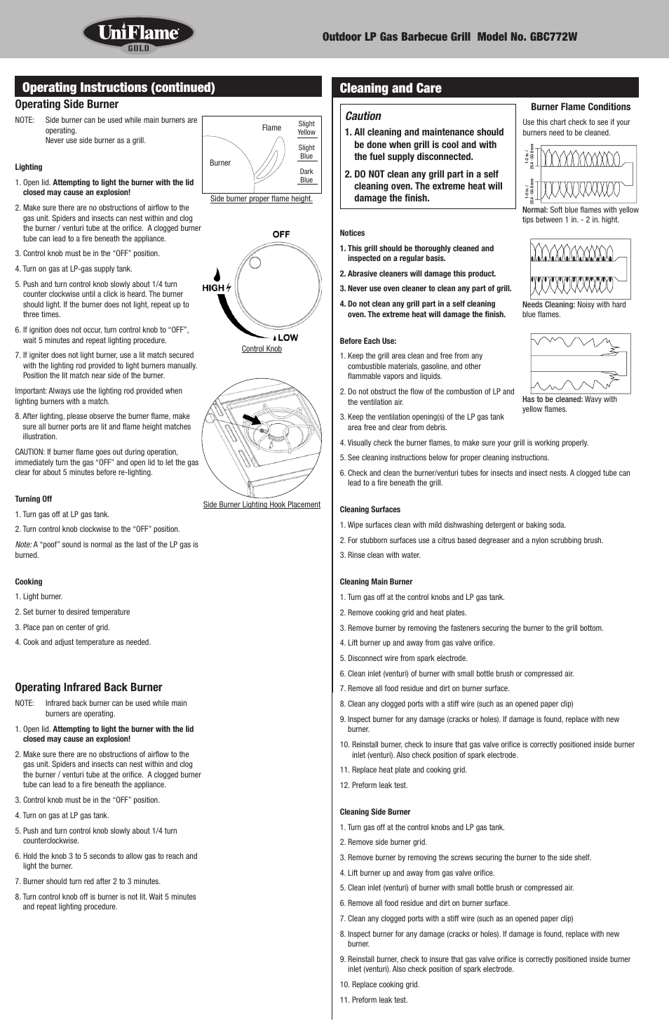 Cleaning and care, Operating instructions (continued), Caution | Operating side burner, Operating infrared back burner | Blue Rhino GBC772W-C User Manual | Page 10 / 24