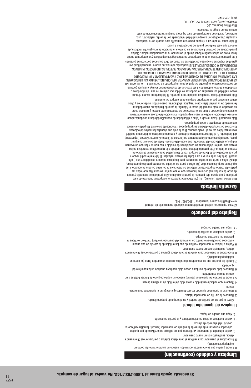 Registro del producto, Garantia limitada, Limpieza y cuidado (continuación) | Limpieza del quemador lateral | Blue Rhino GBC772W-C User Manual | Page 14 / 24