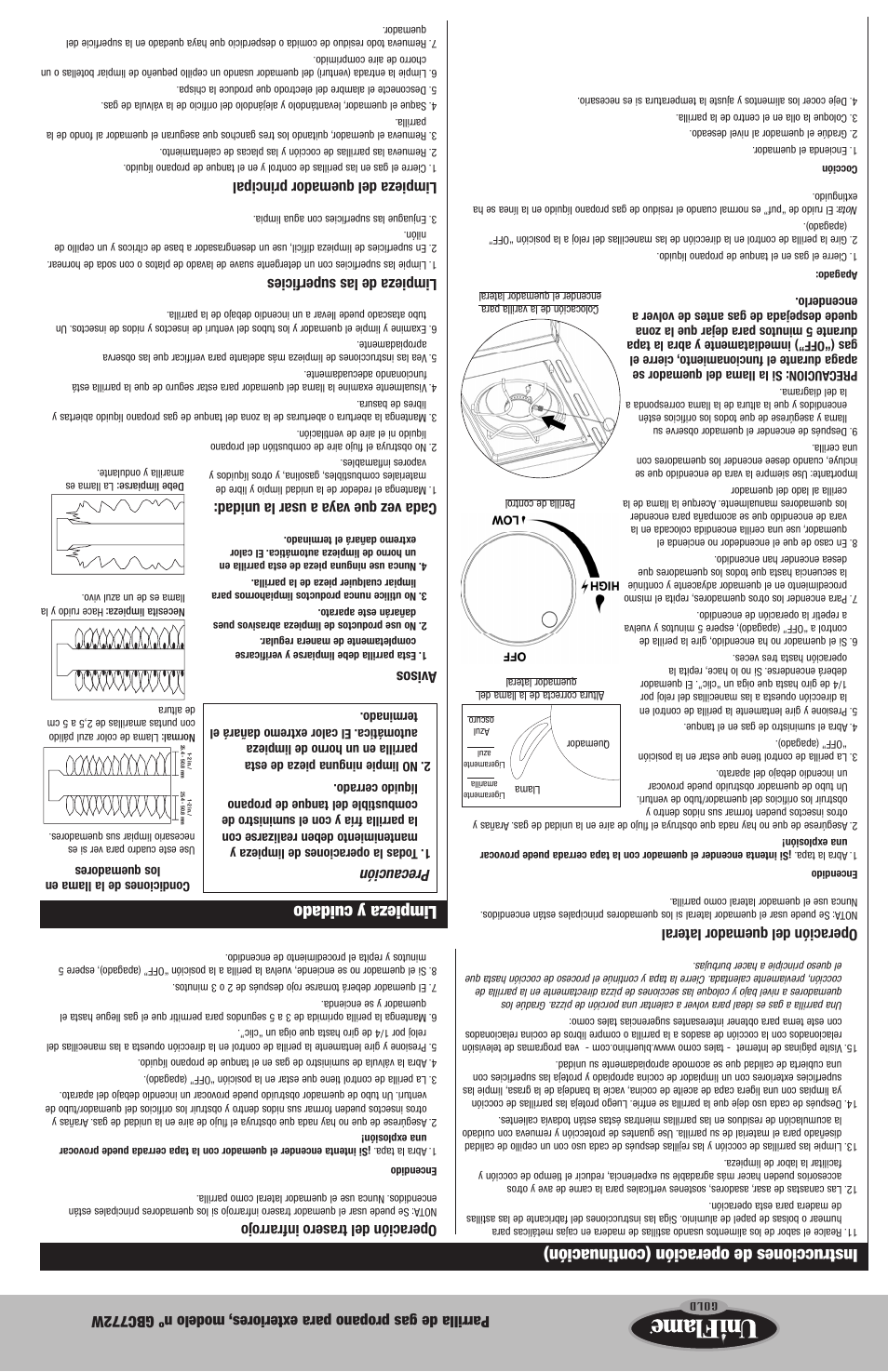 Limpieza y cuidado, Instrucciones de operación (continuación), Precaución | Avisos, Cada vez que vay a a usar la unidad, Limpieza de las superficies, Limpieza del quemador principal, Operación del quemador lateral | Blue Rhino GBC772W-C User Manual | Page 15 / 24